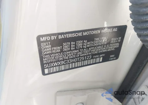 2017 BMW X3 xDrive28I из США, поврежденный, VIN 5UXWX9C33H0T25123